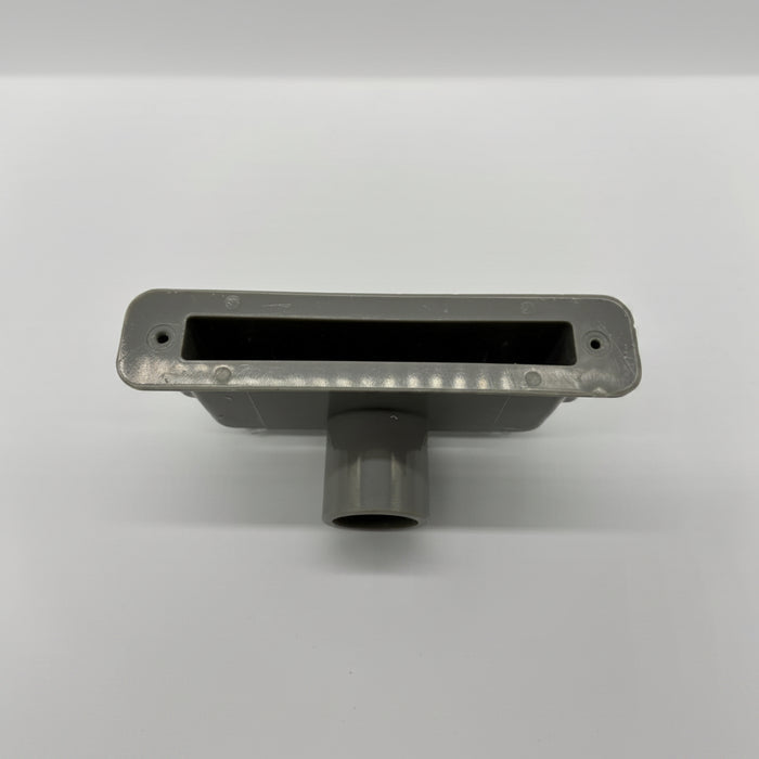 Catalina grey waterfall jet body showing 140 x 29mm outer face, rear water connection, and dual POL LED light housings