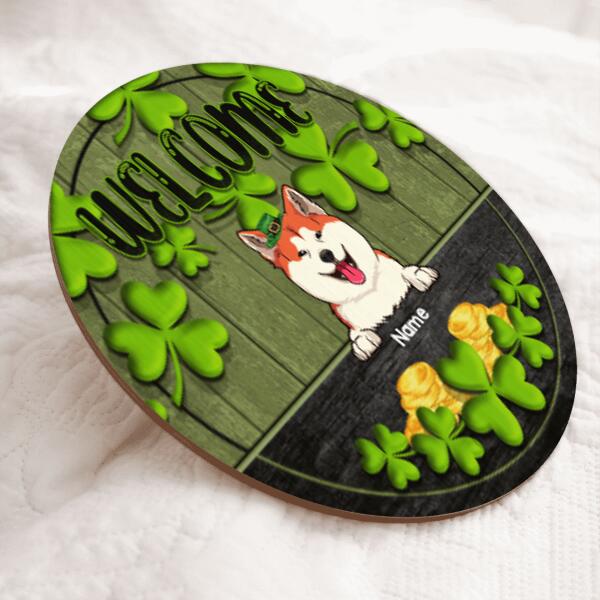 Welcome, Shamrock & Gold Coin, Personalized Dog & Cat Door Sign, St. Patrick Day Front Door Decor, Pet Lovers Gifts