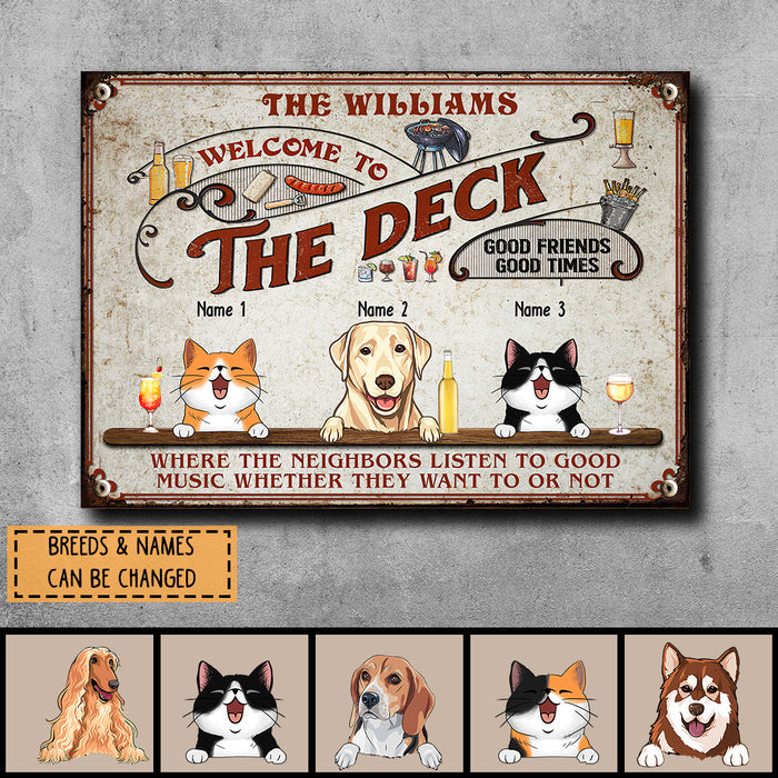 Welcome To The Deck, Red Sign, Personalized Dog & Cat Metal Sign, Gifts For Pet Lovers, Outdoor Decor