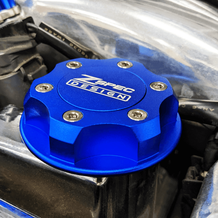ZSPEC Billet Oil Filler Cap for Nissan/Infiniti/Datsun, Blue Cap w/ Titanium Accents - ZSPEC Design LLC - Hardware Fasteners - 2023, 240sx, 240z, 260z, 280z, 280zx, 300z, 300zx, 350z, 370z, 380RS, 400z, accessory, bob sharp, cap, d40, d41, DE & HR, DE & REVUP, FairladyZ, frontier, g35, g37, GT-R, GTR, hakosuka, j30, nismo, nissan, nissanz, nisssan, oil, oil cap, q50, q60, R32, R34, RB20, RB25, RB26, RB30, rogue, RZ34, s30, titan, VQ, vq37, VR, vr30ddtt, z, z31, z32, z33, z34, z34 s2, z34s2 - zspecdesign.com