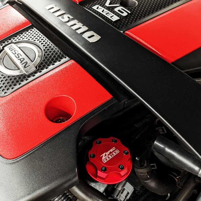 ZSPEC Billet Oil Filler Cap for Nissan/Infiniti/Datsun, Red Cap w/ Titanium Accents - ZSPEC Design LLC - Hardware Fasteners - 2023, 240sx, 240z, 260z, 280z, 280zx, 300z, 300zx, 350z, 370z, 380RS, 400z, accessory, bob sharp, cap, d40, d41, DE & HR, DE & REVUP, FairladyZ, frontier, g35, g37, GT-R, GTR, hakosuka, j30, nismo, nissan, nissanz, nisssan, oil, oil cap, q50, q60, R32, R34, RB20, RB25, RB26, RB30, rogue, RZ34, s30, titan, VQ, vq37, VR, vr30ddtt, z, z31, z32, z33, z34, z34 s2, z34s2 - zspecdesign.com
