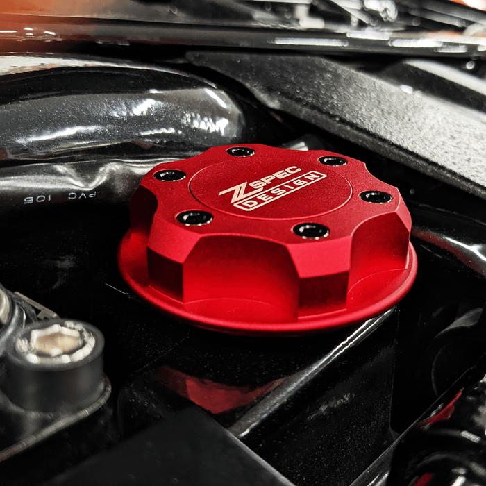 ZSPEC Billet Oil Filler Cap for Nissan/Infiniti/Datsun, Red Cap w/ Titanium Accents - ZSPEC Design LLC - Hardware Fasteners - 2023, 240sx, 240z, 260z, 280z, 280zx, 300z, 300zx, 350z, 370z, 380RS, 400z, accessory, bob sharp, cap, d40, d41, DE & HR, DE & REVUP, FairladyZ, frontier, g35, g37, GT-R, GTR, hakosuka, j30, nismo, nissan, nissanz, nisssan, oil, oil cap, q50, q60, R32, R34, RB20, RB25, RB26, RB30, rogue, RZ34, s30, titan, VQ, vq37, VR, vr30ddtt, z, z31, z32, z33, z34, z34 s2, z34s2 - zspecdesign.com