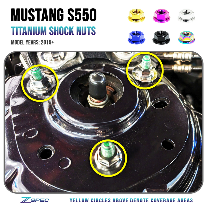 The ZSPEC Front-Shocks Fastener Kit for the '15-23 Ford Mustang GT 5.0L S550, Titanium is comprised of over 12 pieces of grade-5 titanium hardware.