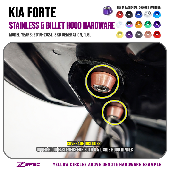 ZSPEC Hood Fastener Kit for 2020-24 Kia Forte BD 1.6L, Stainless & Billet, Dress Up Bolts Hardware, Fast Turn Around Order Delivery
