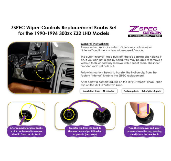ZSPEC LHD Wiper Control Knobs for '90+ Nissan 300zx Z32, Mode & Interval Knobs - ZSPEC Design LLC - Hardware Fasteners - 300zx, 300zx pods, knob, lhd, nissan, repro, z32, z32 pod - zspecdesign.com