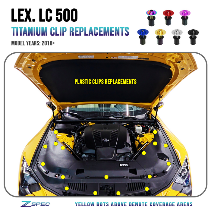 ZSPEC Plastic Clips Hardware Kit for Lexus LC 500, Titanium w/ Well Nuts

Grade-5 Titanium (40-45% weight-savings, non-corrosive) 

Engines: 2UR-GSE