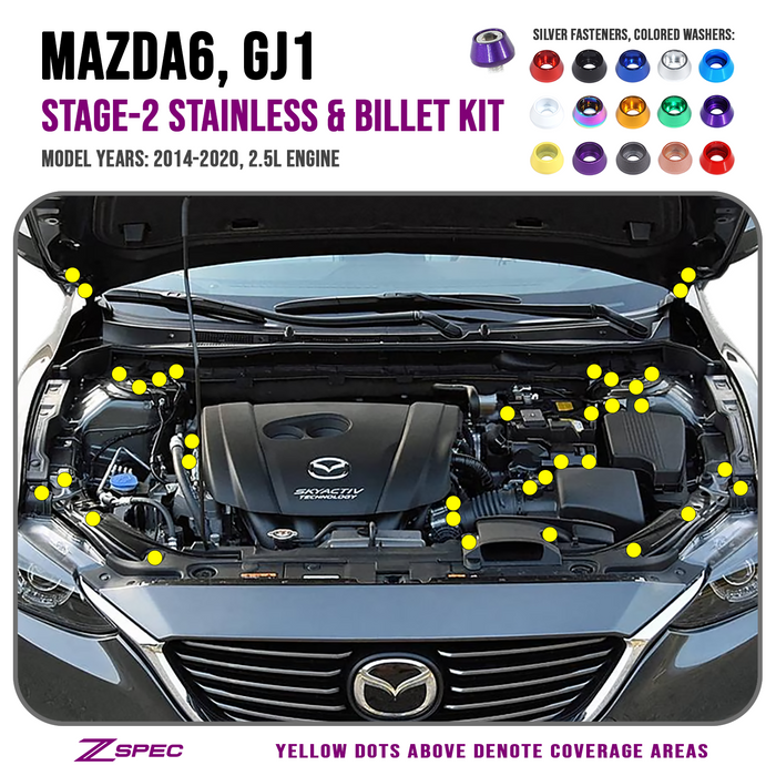 ZSPEC "Stage 2" Dress Up Bolts® Fastener Kit for '14-20 Mazda6 2.5L, Stainless & Billet - ZSPEC Design LLC - Hardware Fasteners - Fastener Kit, mazda, mazda6, stage 2 - zspecdesign.com