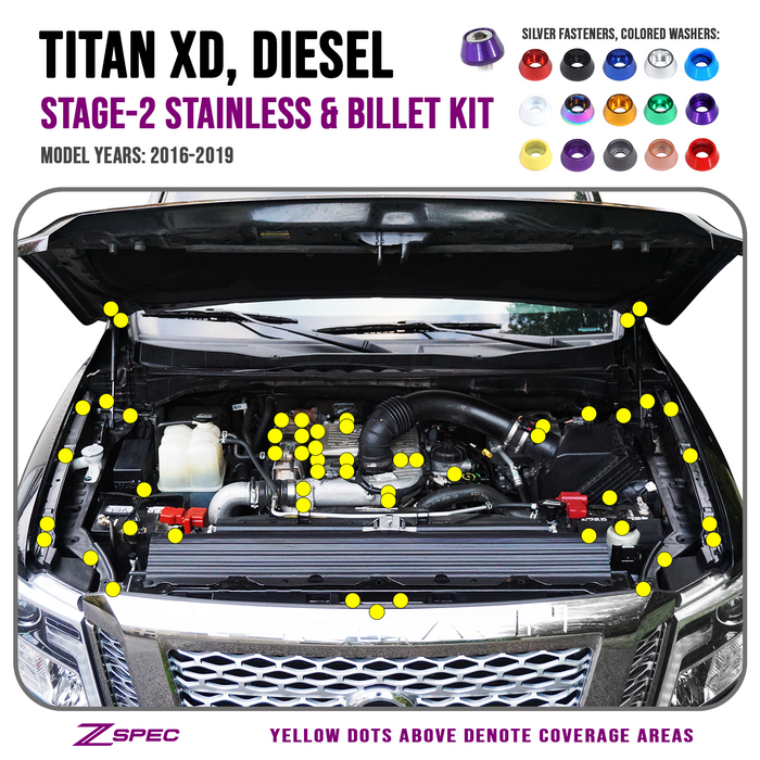 ZSPEC "Stage 2" Dress Up Bolts® Fastener Kit for 16-19 Nissan Titan XD Diesel A61 Cummins, Stainless & Billet - ZSPEC Design LLC - Hardware Fasteners - Diesel, Fastener Kit, nissan, stage 2, titan, Washer Color, XD - zspecdesign.com