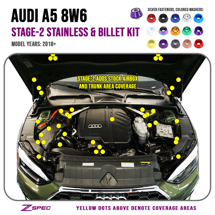 ZSPEC "Stage 2" Dress Up Bolts® Fastener Kit for '18-22+ Audi A5 8W6 2.0L, Stainless & Billet - ZSPEC Design LLC - Hardware Fasteners - 8w6, a5, a5 8w6, audi, Fastener Kit, stage 2 - zspecdesign.com