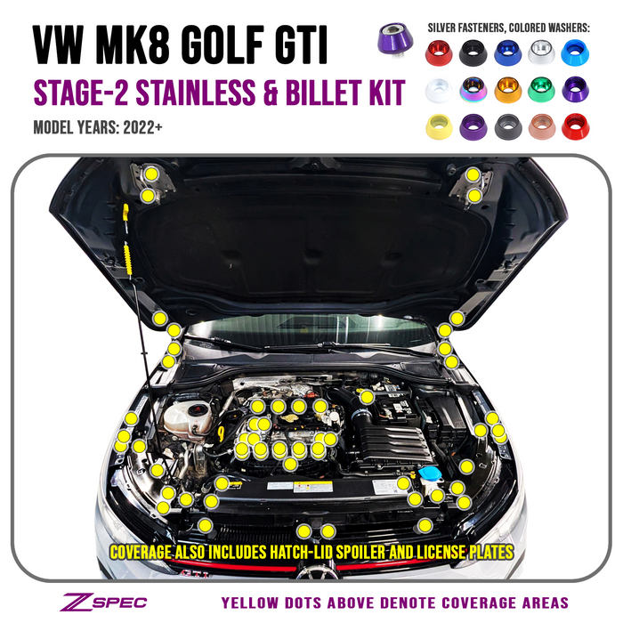 ZSPEC Staged Dress Up Bolts Stainless & Billet Kit for 22+ VW MK8 Golf GTi

Grade-5 Titanium Hardware - Dress Up Bolts, Nuts and Washers from ZSPEC Design