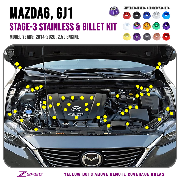 ZSPEC "Stage 3" Dress Up Bolts® Fastener Kit for '14-20 Mazda6 2.5L, Stainless & Billet - ZSPEC Design LLC - Hardware Fasteners - Fastener Kit, mazda, mazda6, stage 3 - zspecdesign.com