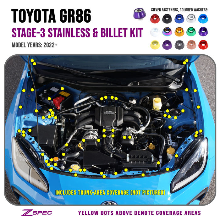 ZSPEC "Stage 3" Dress Up Bolts® Fastener Kit for '22+ Toyota GR86 & Subaru BRZ, Stainless & Billet - ZSPEC Design LLC - Hardware Fasteners - 86, brz, Fastener Kit, stage 3, subaru, toyota - zspecdesign.com