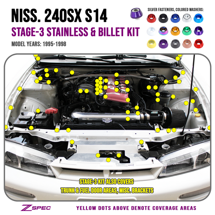 ZSPEC "Stage 3" Dress Up Bolts® Fastener Kit for '95-98 Nissan 240SX S14, Stainless & Billet - ZSPEC Design LLC - Hardware Fasteners - 240sx, Fastener Kit, nissan, s14, stage 3 - zspecdesign.com