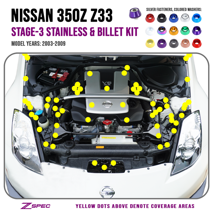 Nissan 350Z Z33 engine diagram with yellow dots indicating coverage areas for a stainless & billet kit.