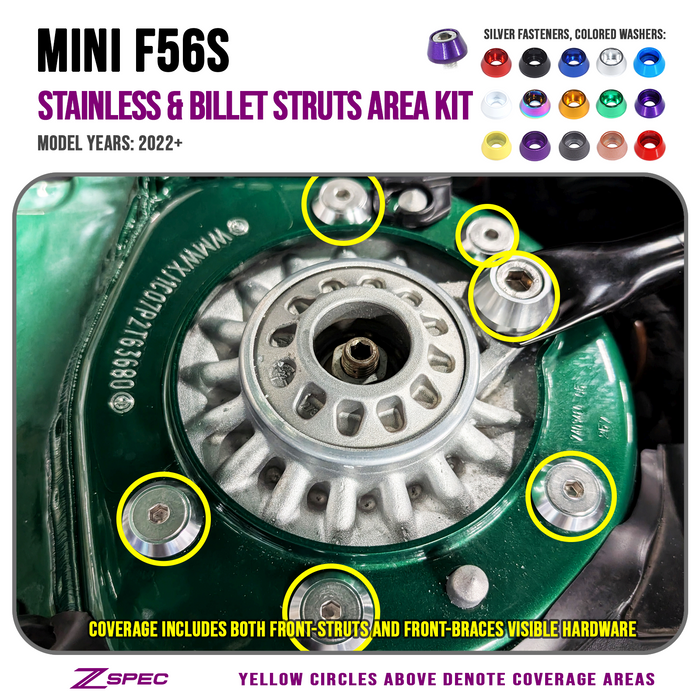 ZSPEC Dress Up Bolts Struts & Strut-Braces Fasteners, '22+ Mini Cooper F56s, Stainless & Billet - ZSPEC Design LLC