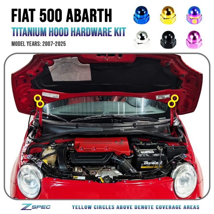 ZSPEC Titanium Dress Up Acorn Nuts & Washers Hood Hardware Kit for the '07-25 Fiat 500 & Abarth - ZSPEC Design LLC