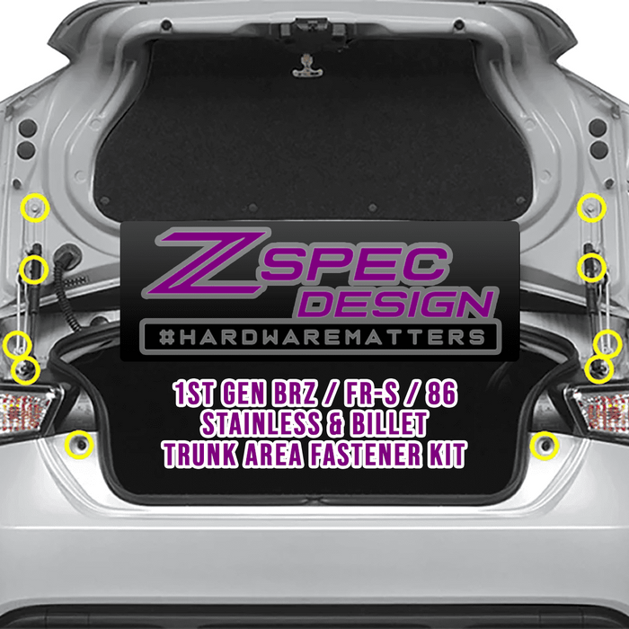ZSPEC Trunk Dress Up Bolts® Kit for Scion FRS/Subaru BRZ/Toyota 86 '13-21, Stainless & Billet - ZSPEC Design LLC - Hardware Fasteners - 86, BRZ, Fastener Kit, FRS, scion, stainless, Subaru, Toyota, Washer Color - zspecdesign.com