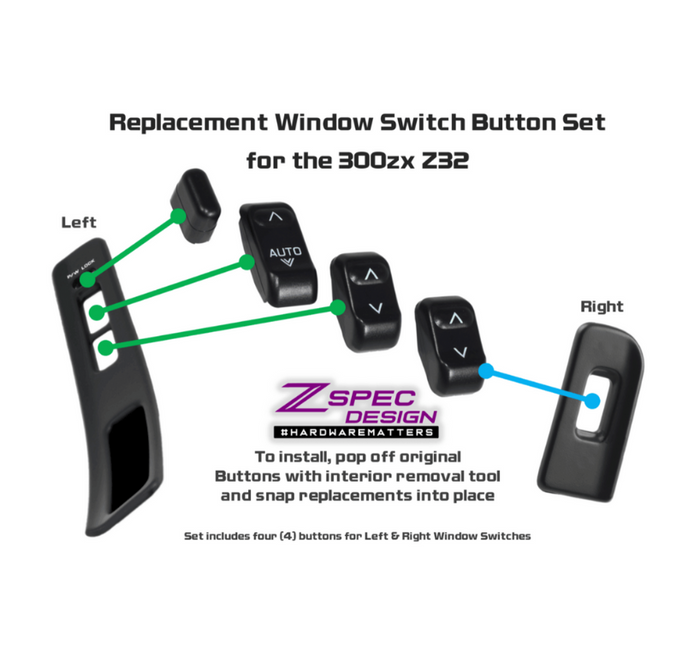 ZSPEC Window-Switch Buttons for Nissan 300zx Z32, NON-Illuminated, Set of Four Buttons - ZSPEC Design LLC - Hardware Fasteners - 300zx, lhd, nissan, repro, z32, z32 window switch - zspecdesign.com